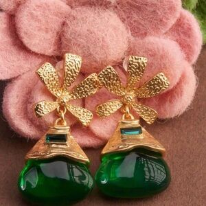 Intricate Gold and Green Gemstone Earrings